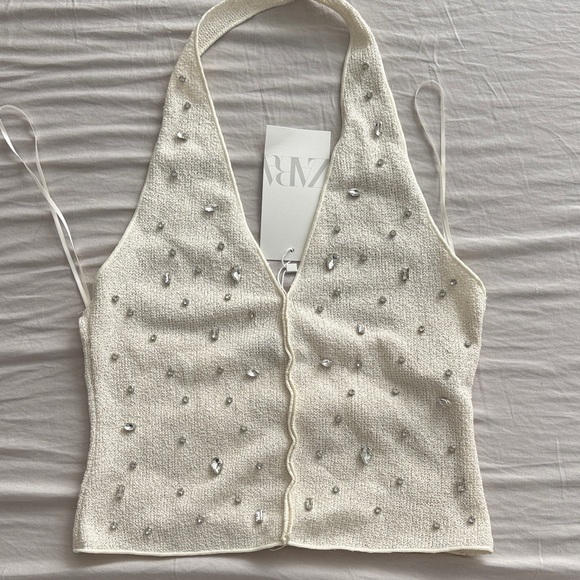 Zara Tops - ZARA Embellished Cream Halter Top